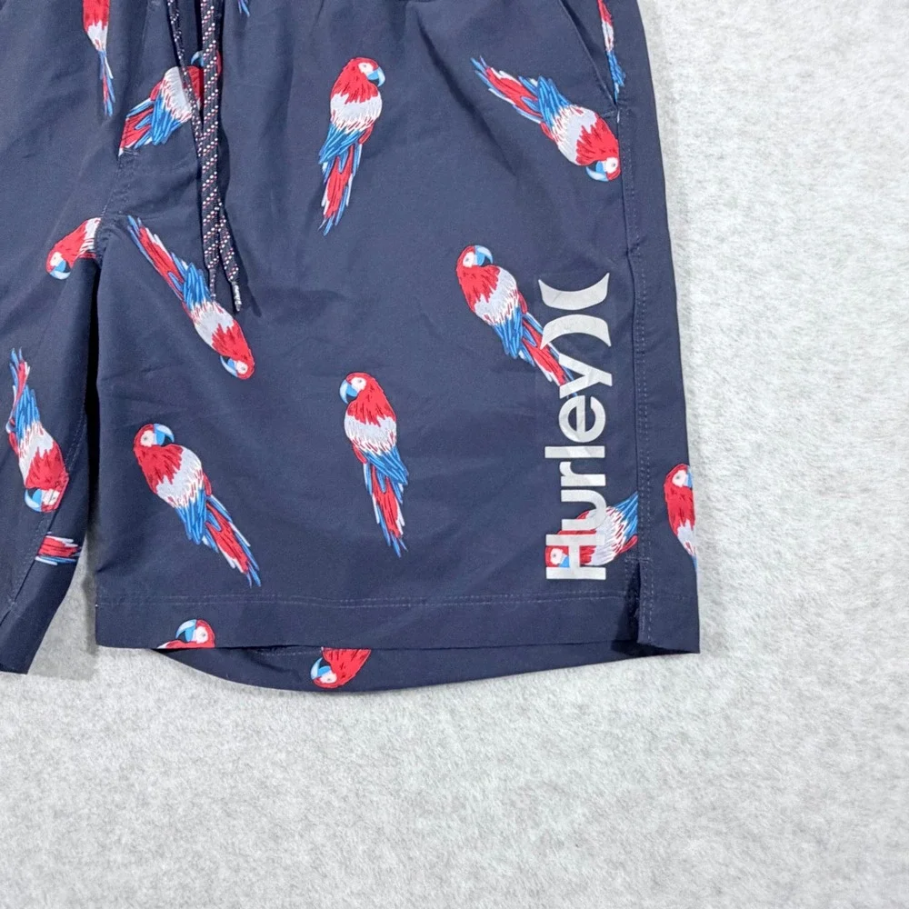 Hurley lined Swim Trunks Men Large Navy Blue Excellent Parrot Print Board Shorts
